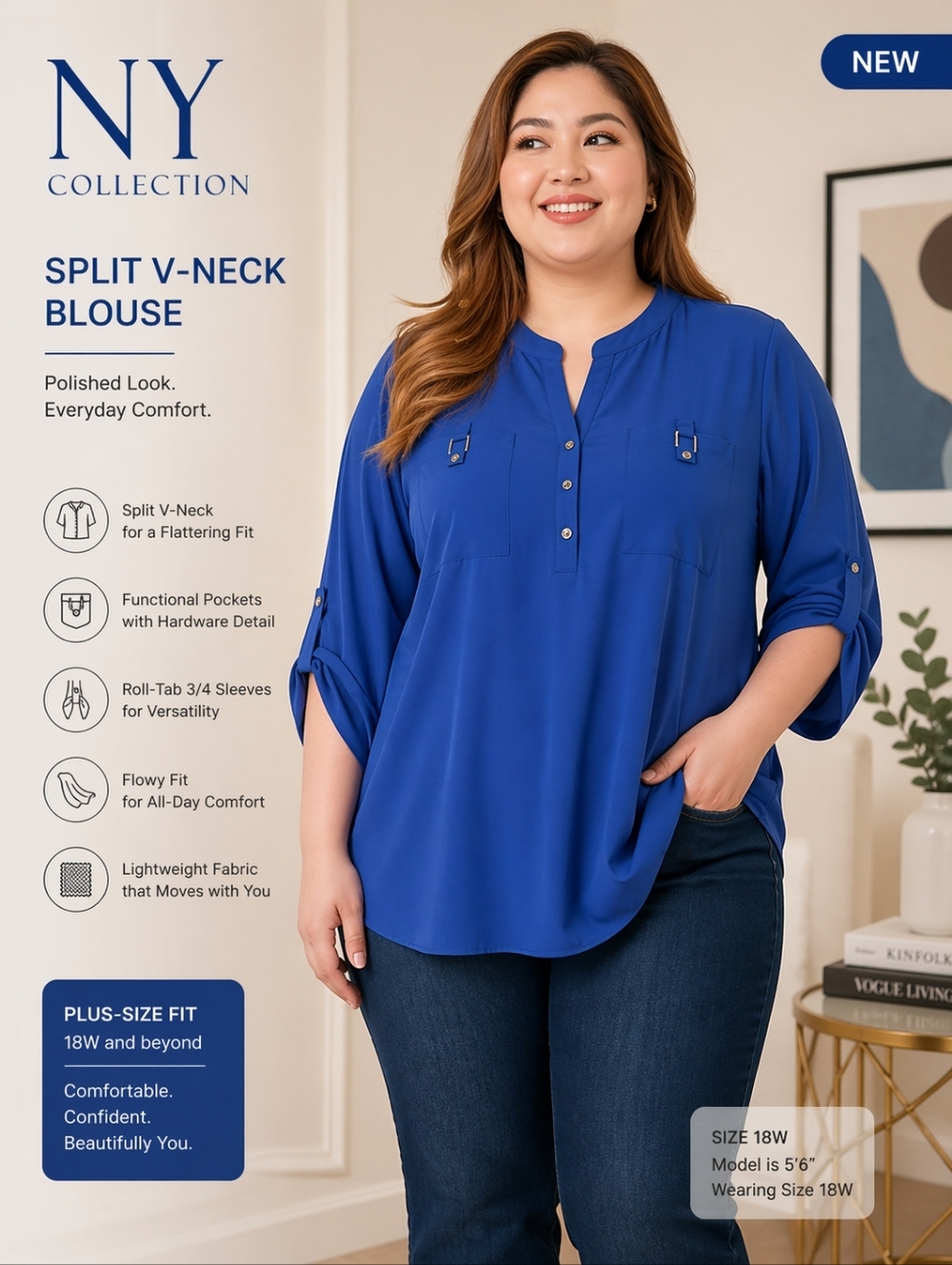 NY Collection Plus-Size Split V-Neck Blouse in Cobalt Blue Top Shirh Size 22W